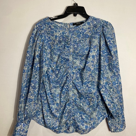 Smythe Wo Ruched Blouse Blue Floral Keyhole Button Back - Picture 3 of 6